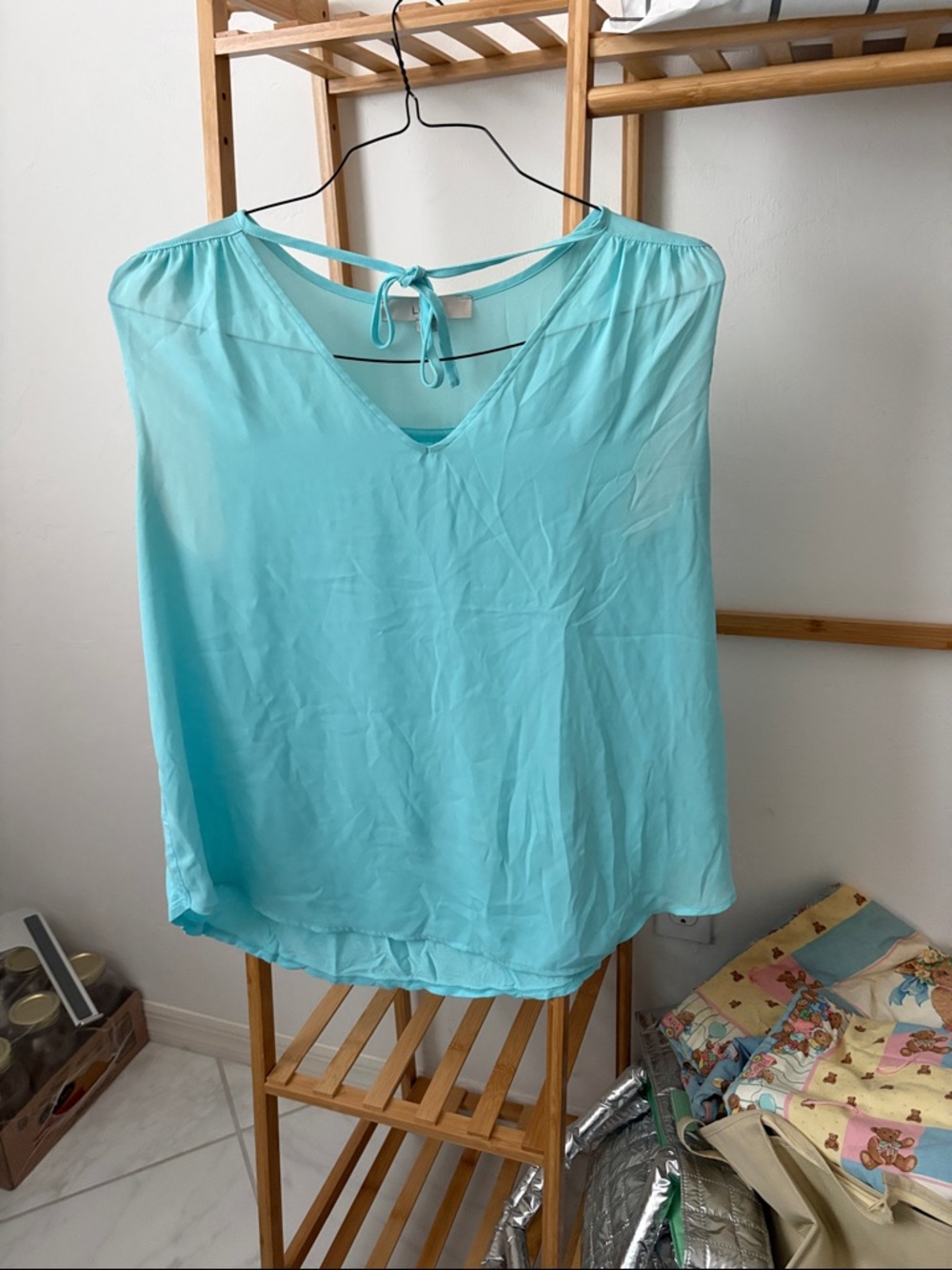Light Aqua V-Neck Tie-Neck Blouse